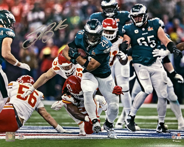Saquon Barkley is featured running with the ball for the Philadelphia Eagles in this signed 16x20 Super Bowl 59 photo by Sports Integrity, authenticated by PSA/DNA ITP.