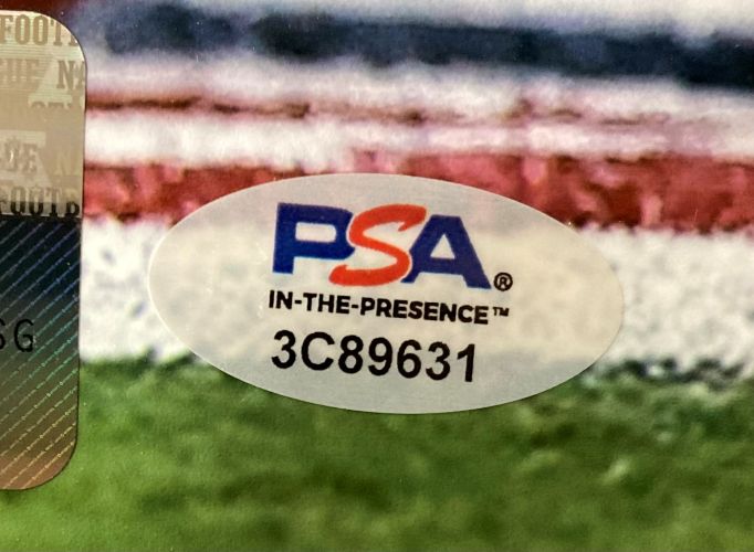 A Saquon Barkley Signed 16x20 Philadelphia Eagles Super Bowl 59 LIX Photo by Sports Integrity features an oval PSA sticker with IN-THE-PRESENCE and serial #3C89631, set against green grass and blurred red, white, and blue lines.