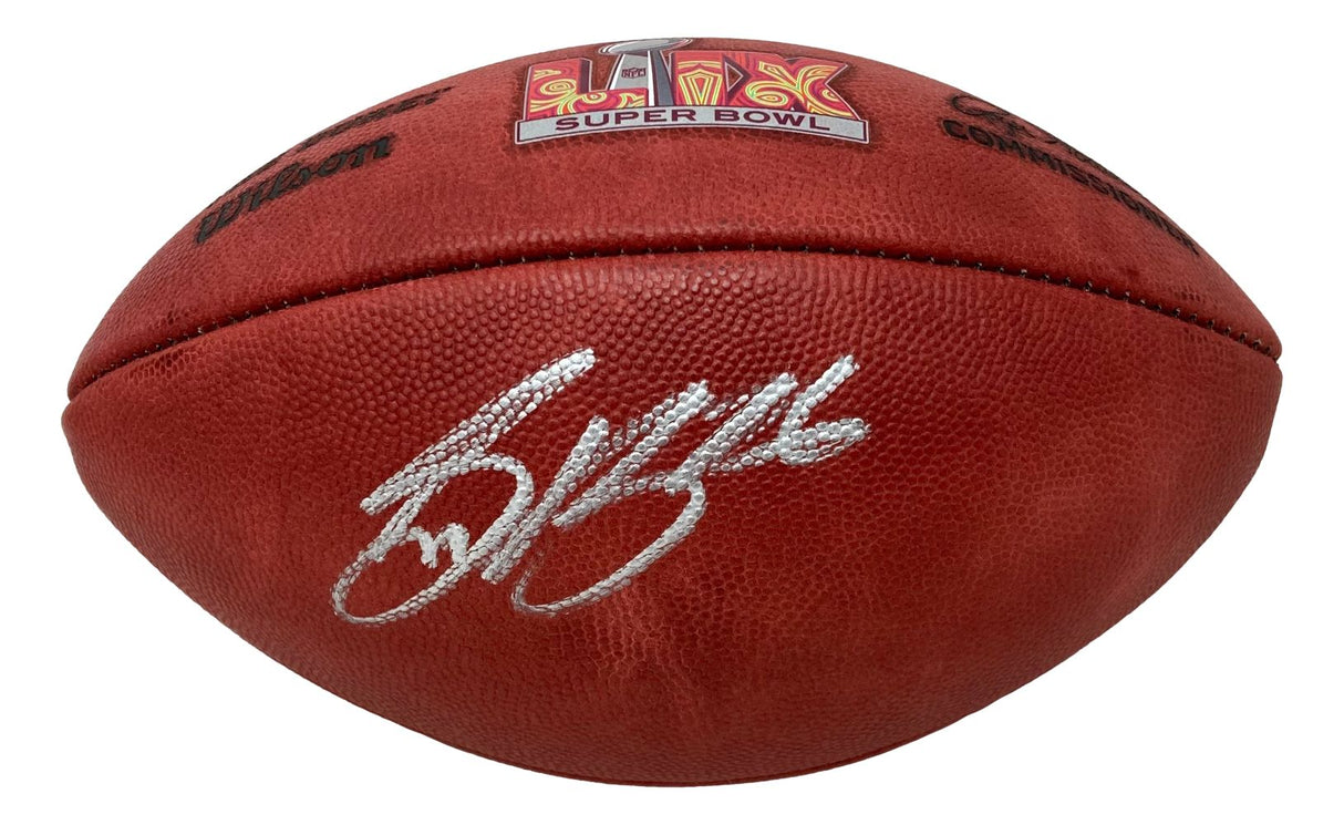 A Saquon Barkley signed Philadelphia Eagles Super Bowl 59 Duke football by Sports Integrity, featuring a silver autograph and Super Bowl LIX logo, is displayed against a white background.