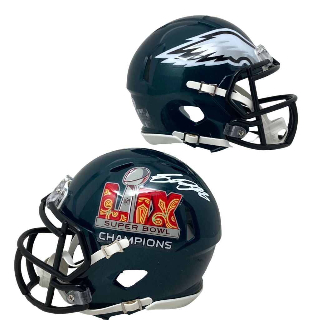 Two-tone mini helmet by Sports Integrity: Saquon Barkley signed Half Eagles & Half Super Bowl 59 LIX design, authenticated by PSA/DNA.