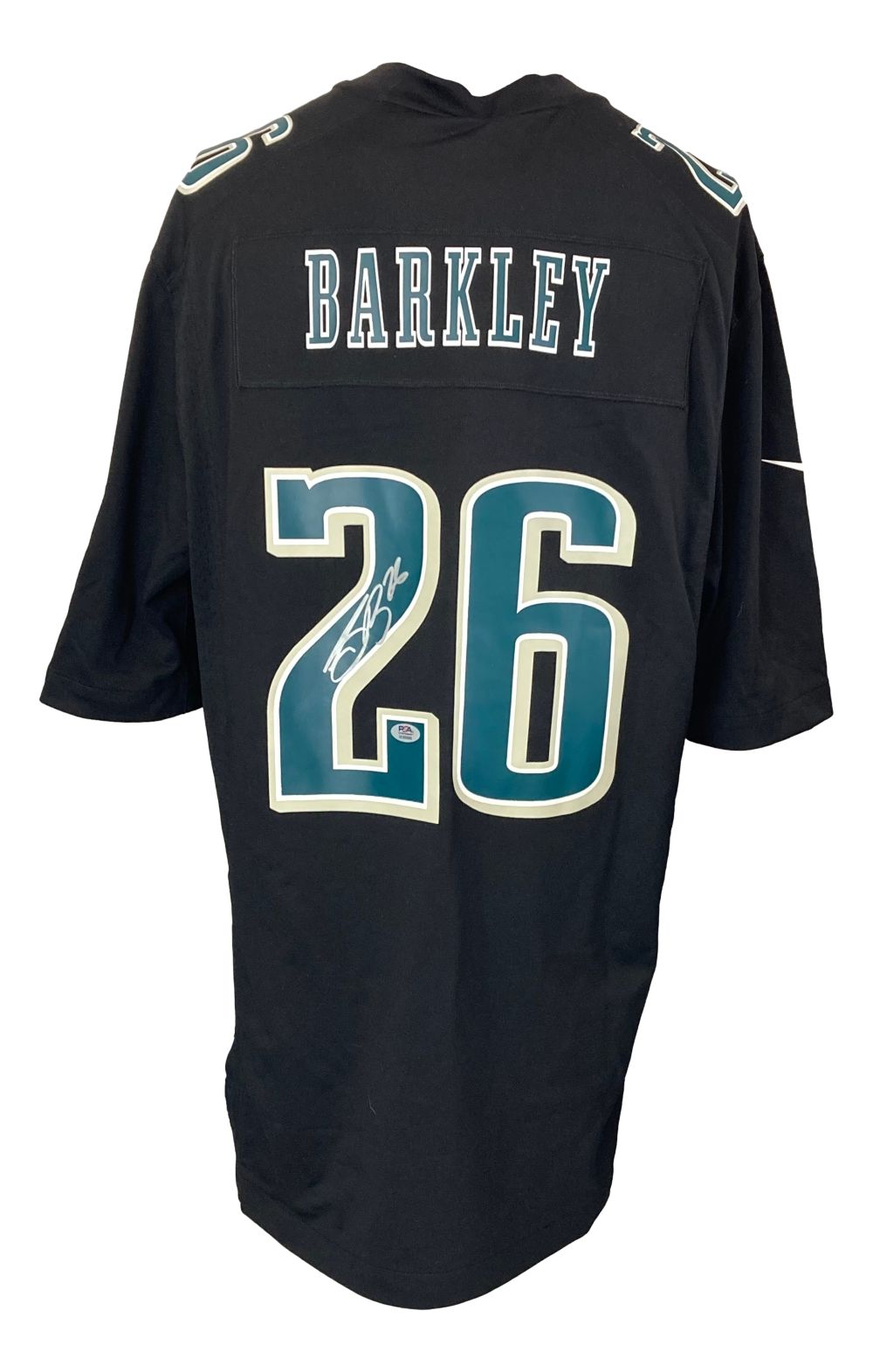 The Sports Integrity Saquon Barkley Signed Philadelphia Eagles Super Bowl 59 LIX Black Nike Jersey features Barkley's name and #26 in white and teal on the back, with a white autograph on the number.