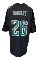 The Sports Integrity Saquon Barkley Signed Philadelphia Eagles Super Bowl 59 LIX Black Nike Jersey features Barkley's name and #26 in white and teal on the back, with a white autograph on the number.