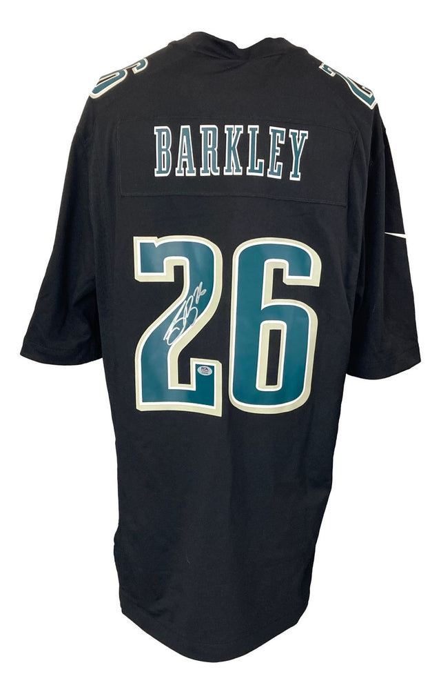 The Sports Integrity Saquon Barkley Signed Philadelphia Eagles Super Bowl 59 LIX Black Nike Jersey features Barkley's name and #26 in white and teal on the back, with a white autograph on the number.