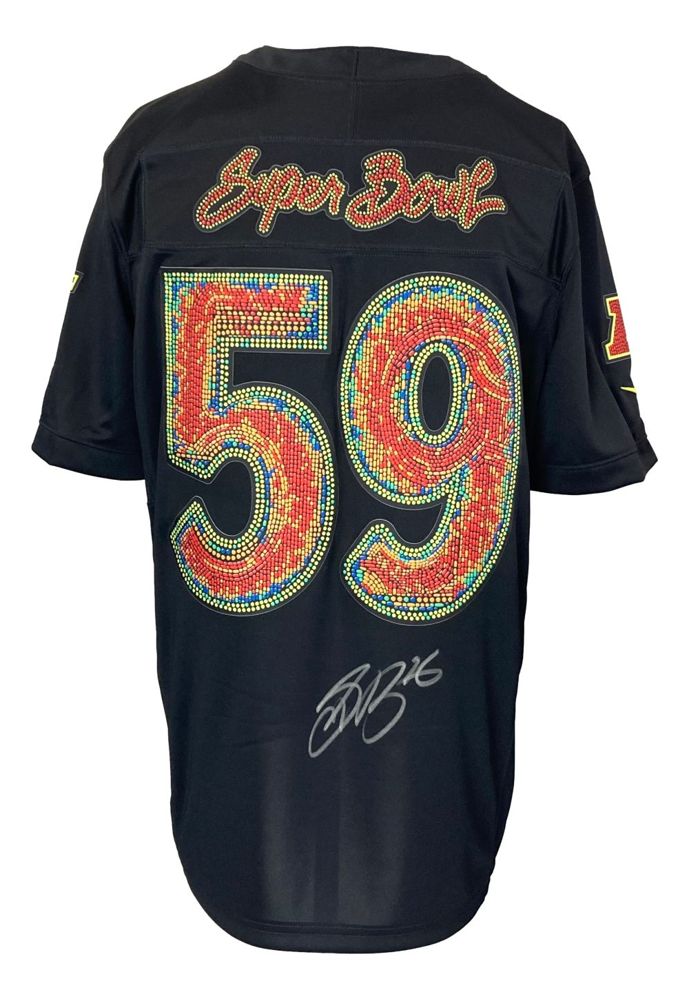 The Saquon Barkley Signed Philadelphia Eagles Super Bowl 59 LIX Nike Limited Jersey by Sports Integrity features jeweled SB letters on the back, a large jeweled 59 in red/yellow, autograph below the number, and sleeve patches.