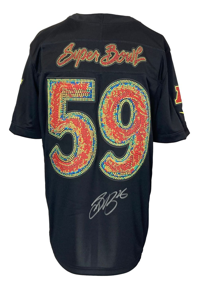 The Saquon Barkley Signed Philadelphia Eagles Super Bowl 59 LIX Nike Limited Jersey by Sports Integrity features jeweled SB letters on the back, a large jeweled 59 in red/yellow, autograph below the number, and sleeve patches.