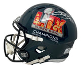 The Sports Integrity Saquon Barkley Signed Eagles Super Bowl 59 LIX FS Replica Speed Helmet features a black facemask, white chin strap, and a champion logo with score, authenticated by PSA/DNA.