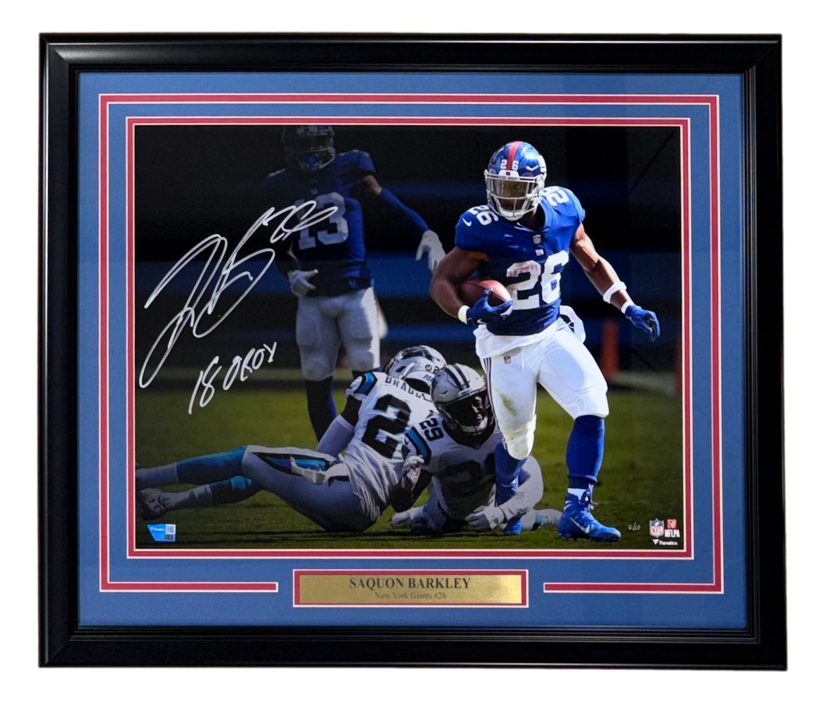 Saquon Barkley Signed Framed 16x20 New York Giants Photo 18 OROY Fanatics