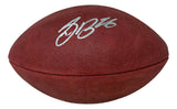 A Saquon Barkley signed Philadelphia Eagles Duke logo football by Sports Integrity with PSA/DNA, featuring a brown textured surface and white signature, displayed on a white background.