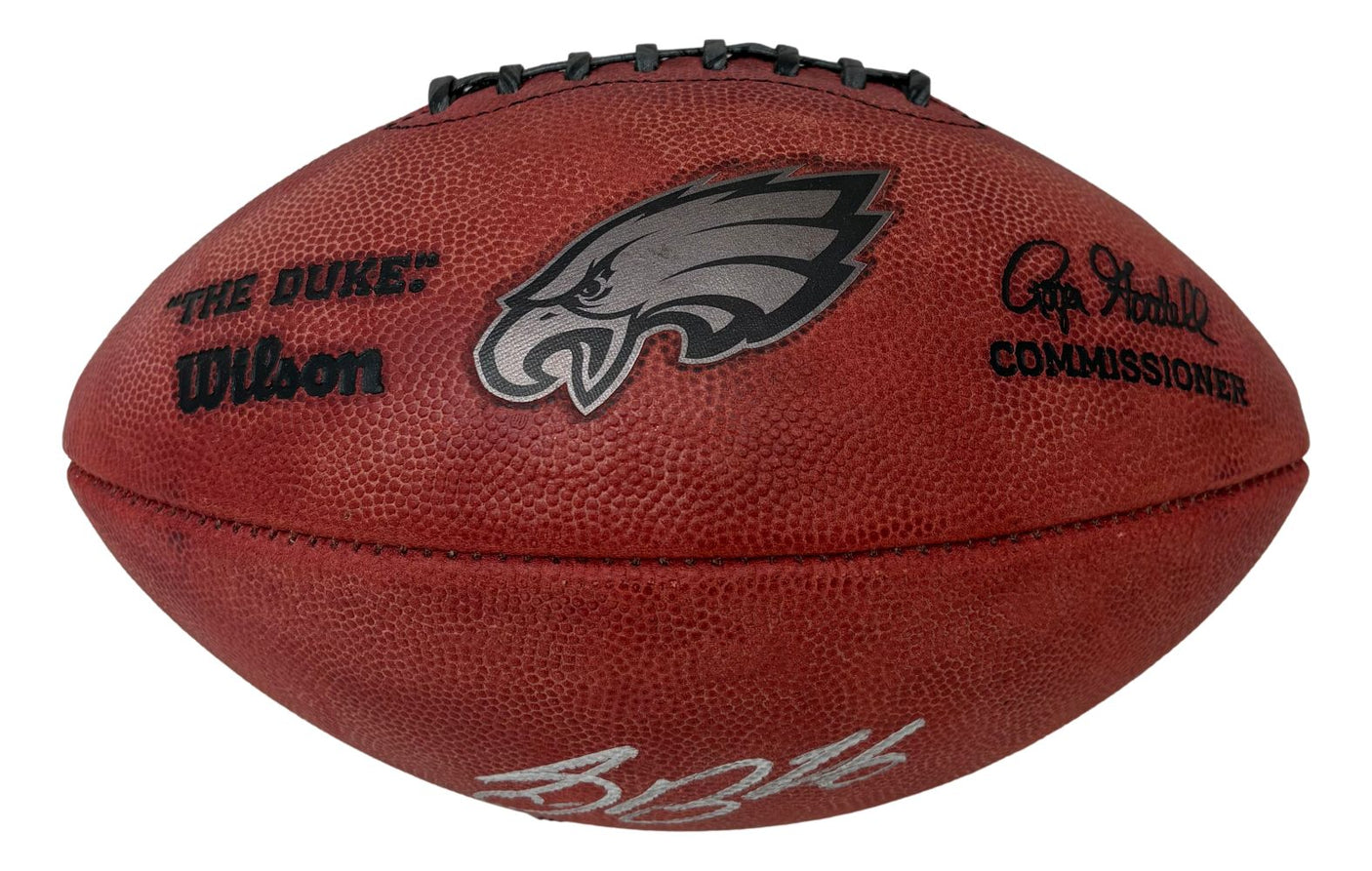 A Saquon Barkley signed Philadelphia Eagles Duke logo football by Sports Integrity, authenticated by PSA/DNA, is shown against a white background.