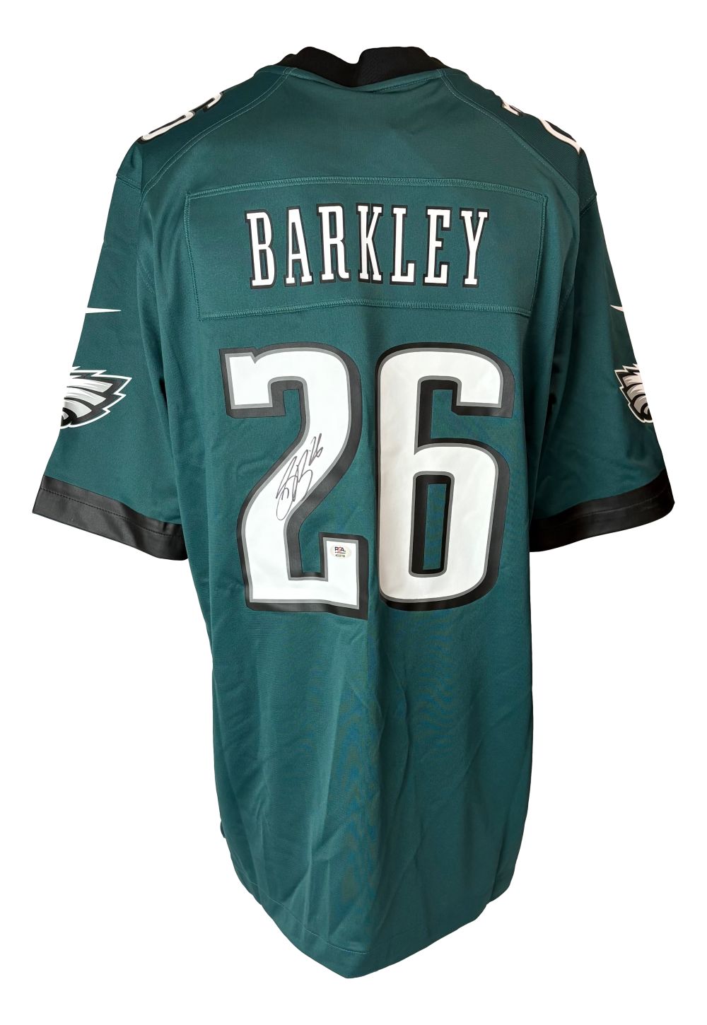Sports Integrity Saquon Barkley Signed Philadelphia Eagles Nike Game Replica Jersey (#26), features black and white accents and Barkley's autograph on the number 2. Authenticated by PSA/DNA.