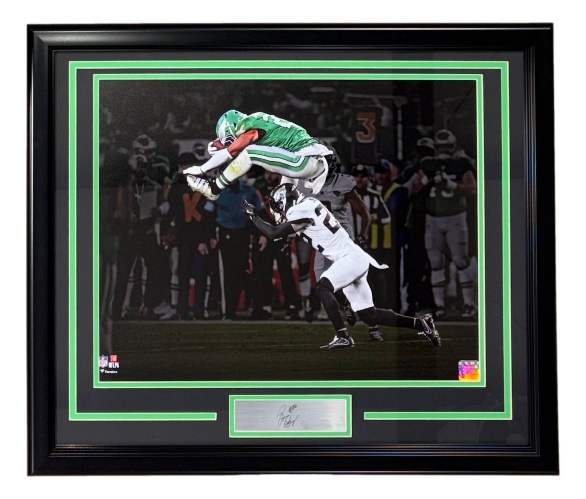 Saquon Barkley Framed 16x20 Eagles Reverse Hurdle Photo 2 w/ Laser Engraved Auto