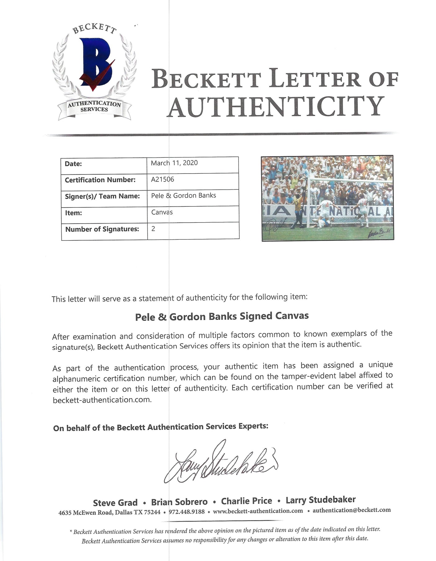 Pele & Gordon Banks Autographed 20x30 Canvas Photo "The Greatest Save" 1970 World Cup Beckett BAS Stock #163880