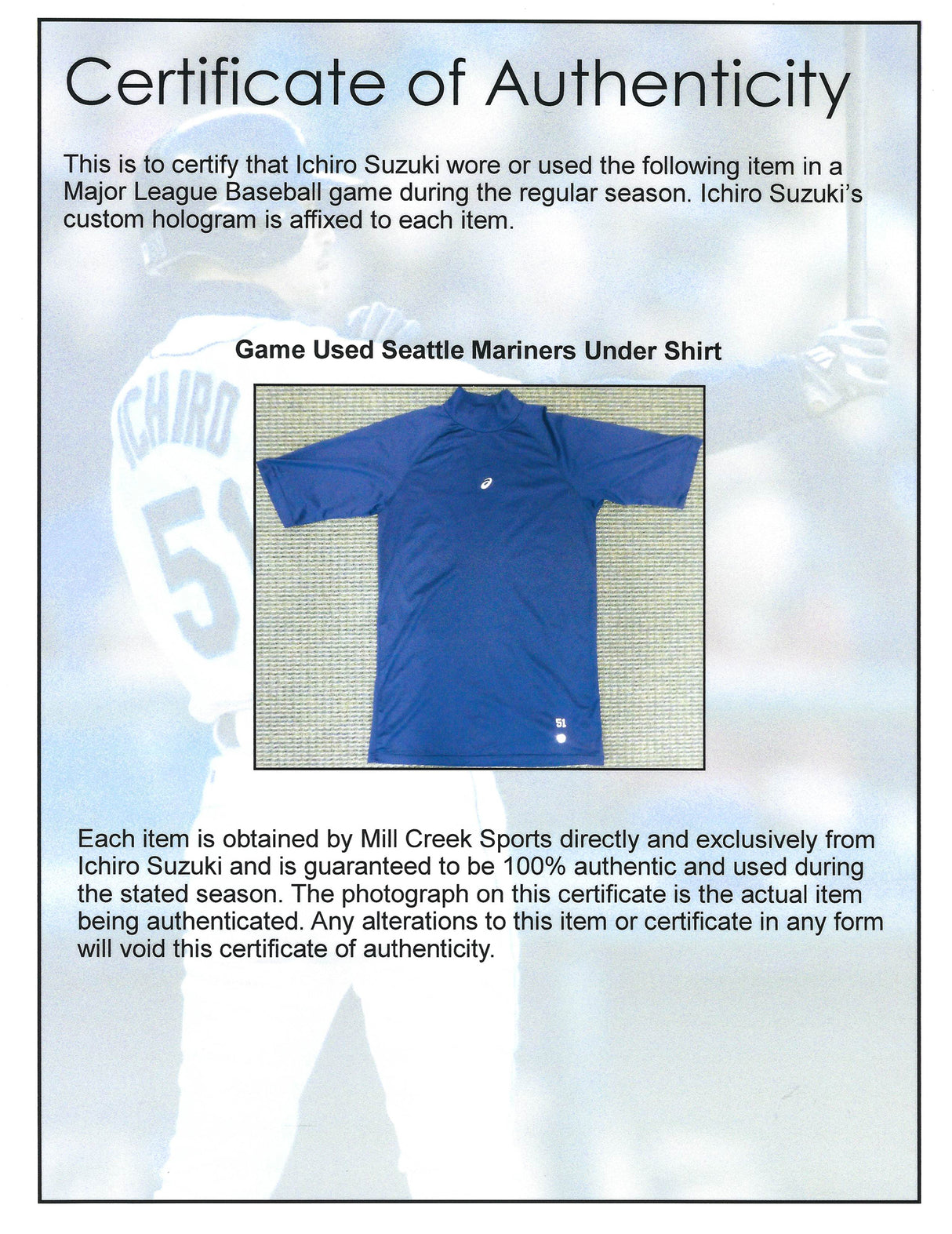Unsigned Ichiro Suzuki Seattle Mariners Navy Short Sleeve Game Used Asics Under Shirt IS Holo Stock #175770