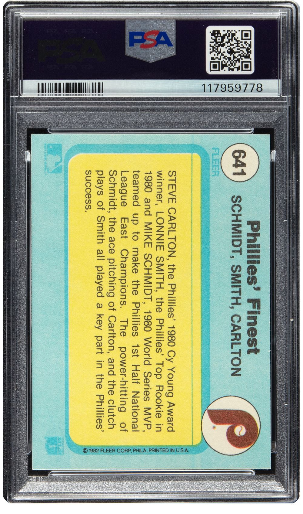Mike Schmidt Steve Carlton Smith Signed 1982 Fleer #641 Phillies Card PSA 9