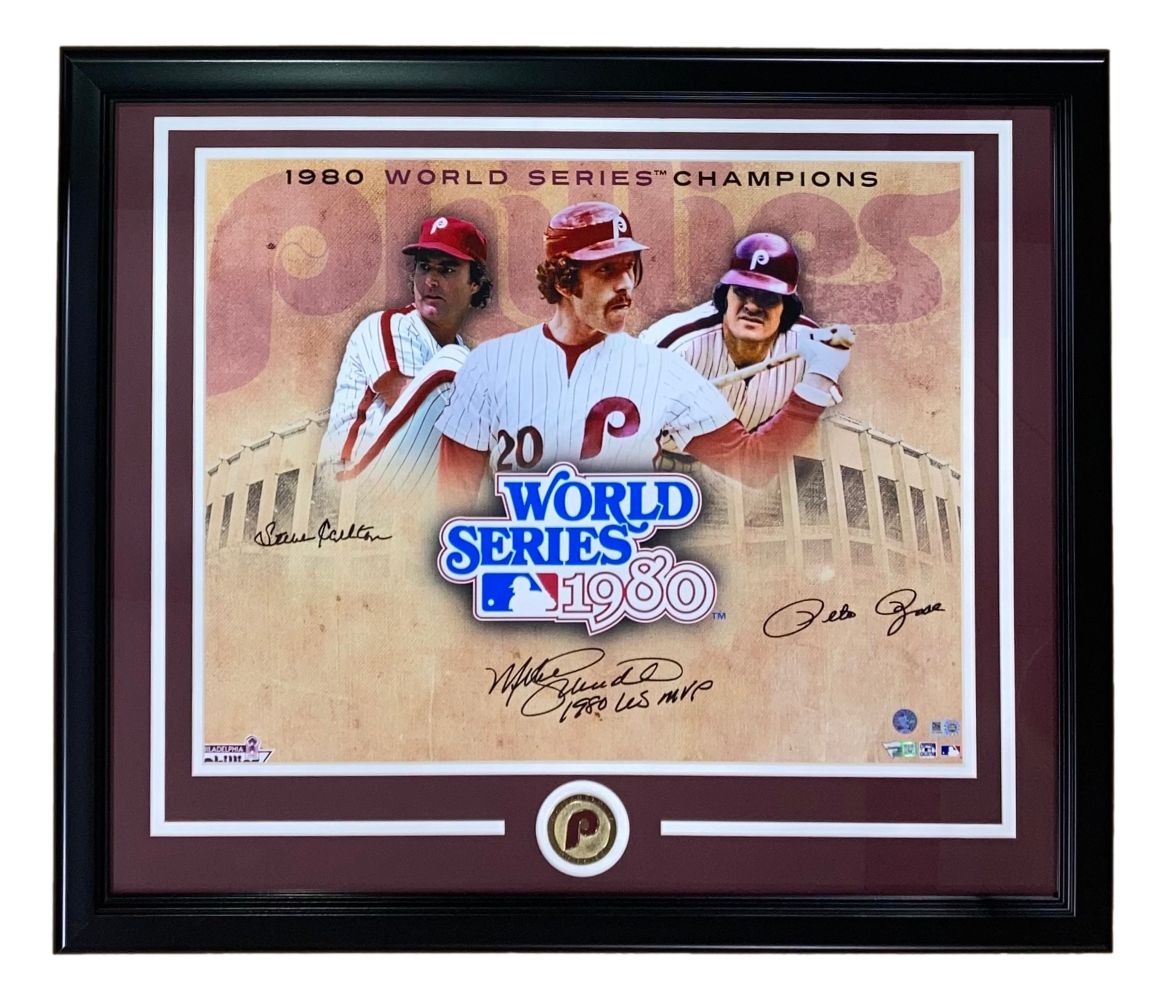 Sports Integrity’s framed 16x20 Phillies photo features Mike Schmidt, Pete Rose, and Steve Carlton signatures with “1980 World Series Champions,” a central “20 World Series 1980” logo, and the Phillies logo at the bottom.