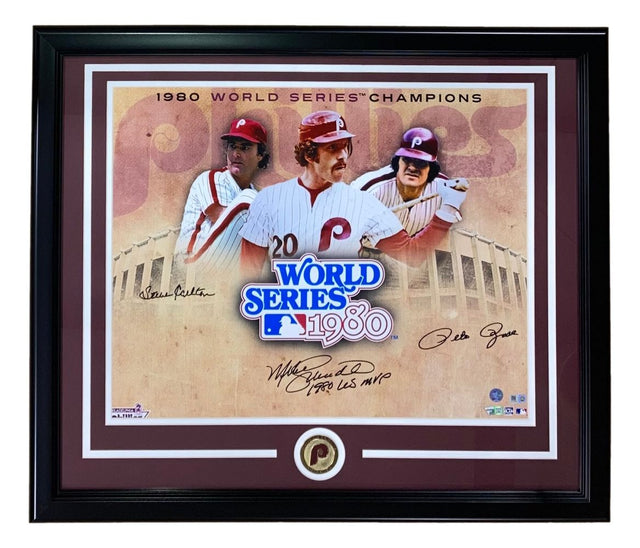Sports Integrity’s framed 16x20 Phillies photo features Mike Schmidt, Pete Rose, and Steve Carlton signatures with “1980 World Series Champions,” a central “20 World Series 1980” logo, and the Phillies logo at the bottom.