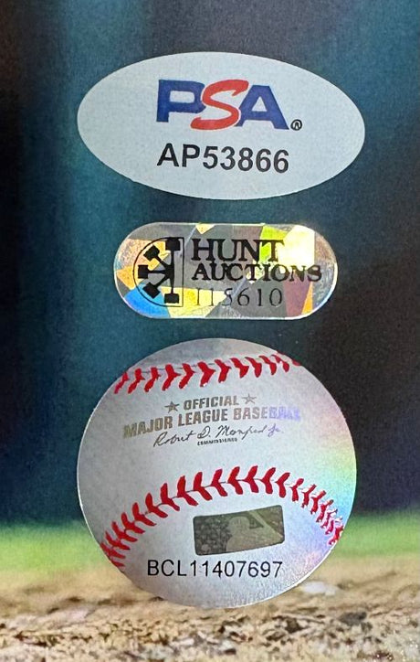 This Sports Integrity Kyle Schwarber Signed 16x20 Philadelphia Phillies City Connect Photo features PSA sticker (AP53866), Hunt Auctions sticker (5610), and Official MLB hologram (BCL11407697) with red stitching.
