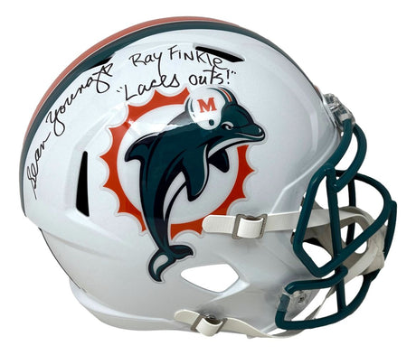 The Sports Integrity Sean Young Ace Ventura Signed Dolphins FS Replica Helmet features "Finkle Laces Out" and an autograph above the faceguard, with a teal dolphin logo. Authenticated by JSA QR.