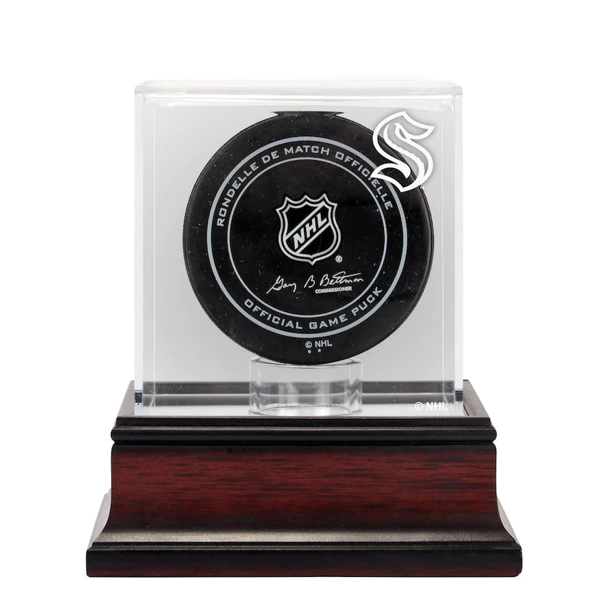 Fanatics Seattle Kraken Mahogany Base Display Case For Hockey Pucks With Team Logo Stock #210473