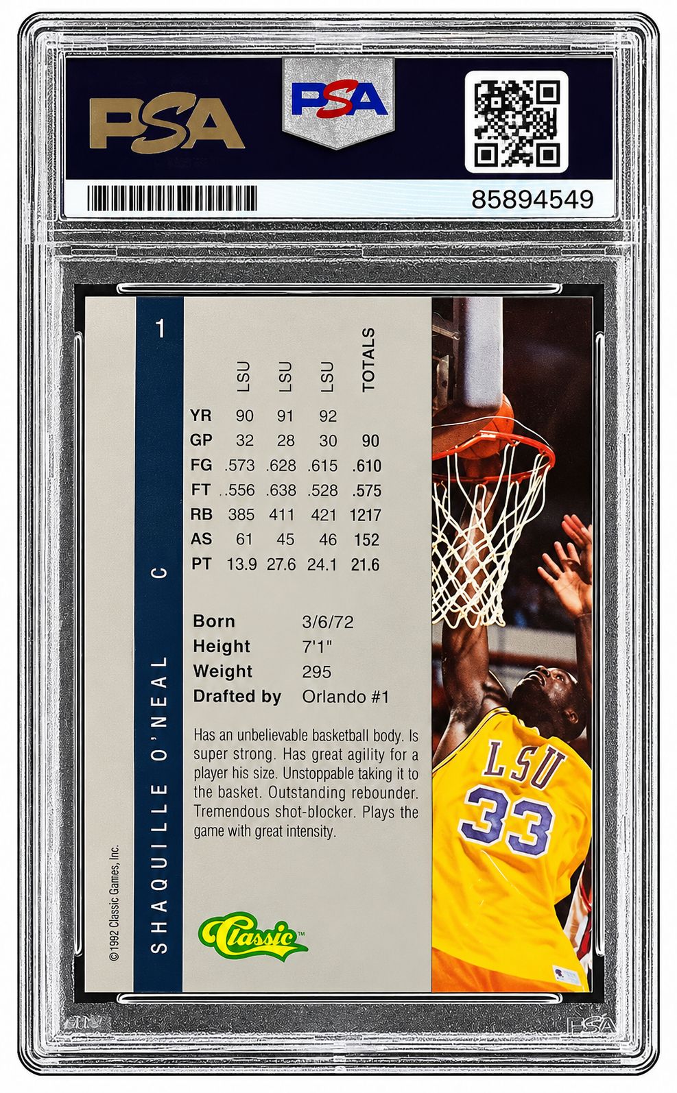 Shaquille O'Neal Signed 1992 Classic Four Sport #1 Magic Rookie Card PSA/DNA