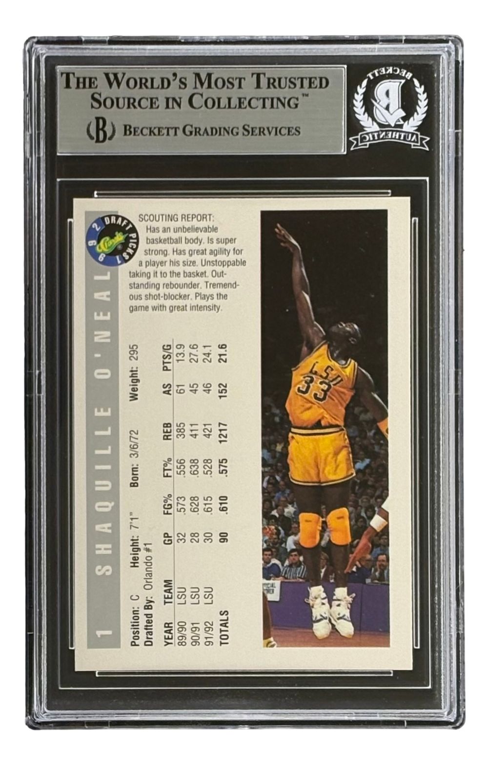 Shaquille O'Neal Signed 1992 Classic #1 Orlando Magic Rookie Card BAS Auto 10