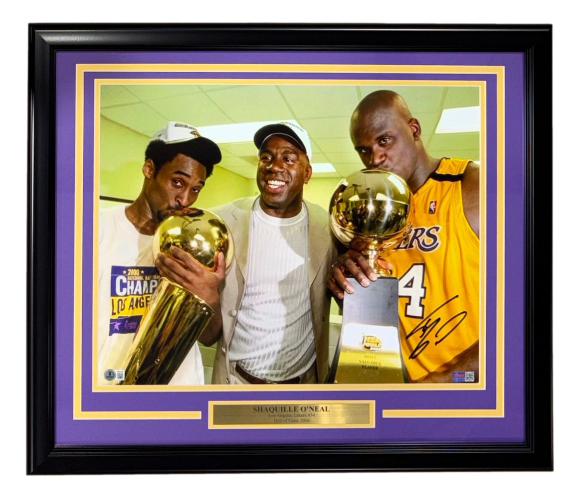 Shaquille O'Neal Signed Framed 16x20 Lakers Photo w/ Kobe Bryant & Magic BAS