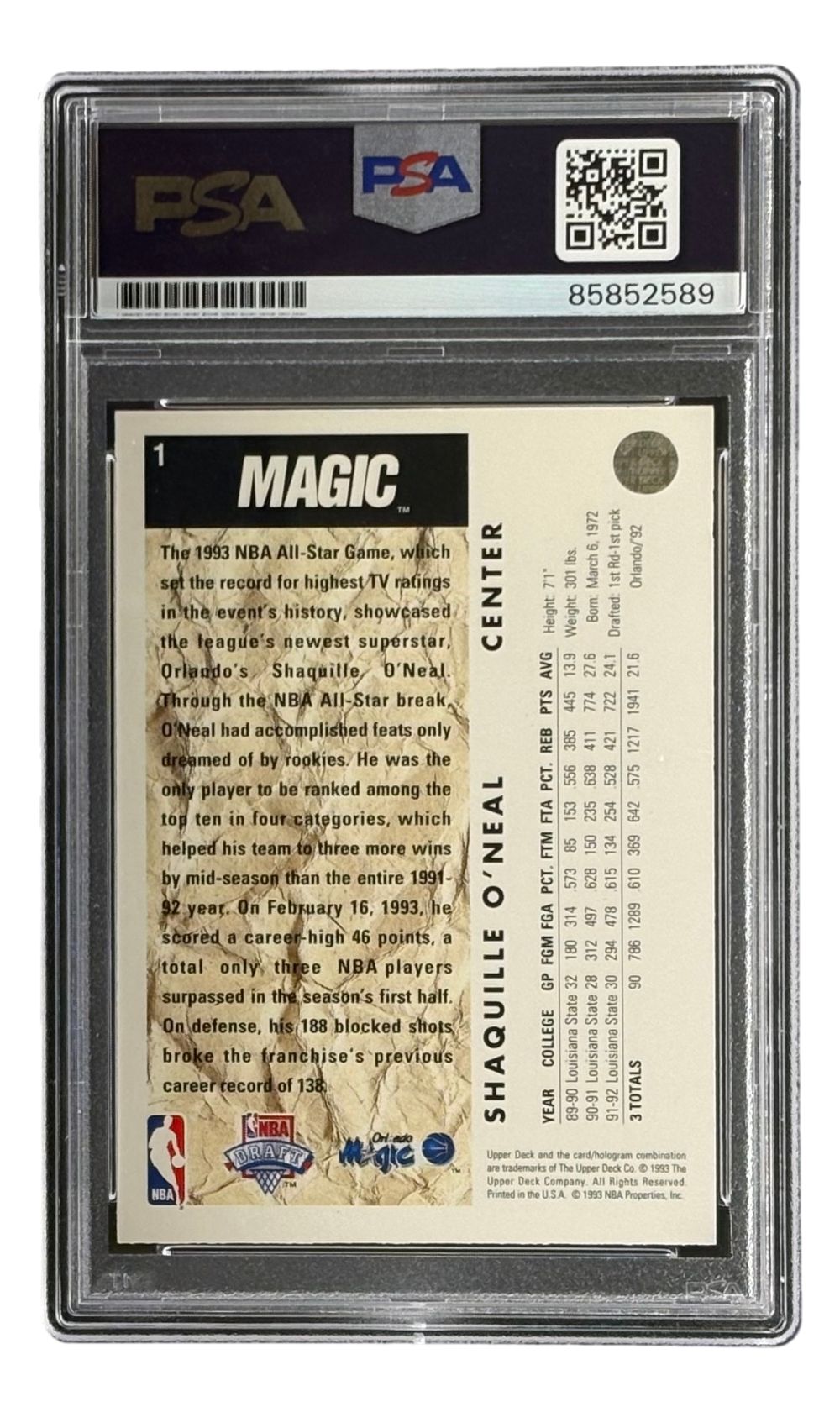 Shaquille O'Neal Signed 1992/93 Upper Deck #1 Orlando Magic Rookie Card PSA/DNA