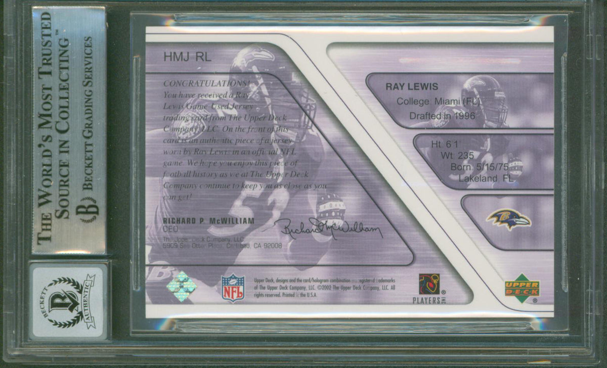 2002 Raves Mass Ravens Ray Lewis Signed 2002 UD Piece of History #HMJRL Card Auto 10 ...