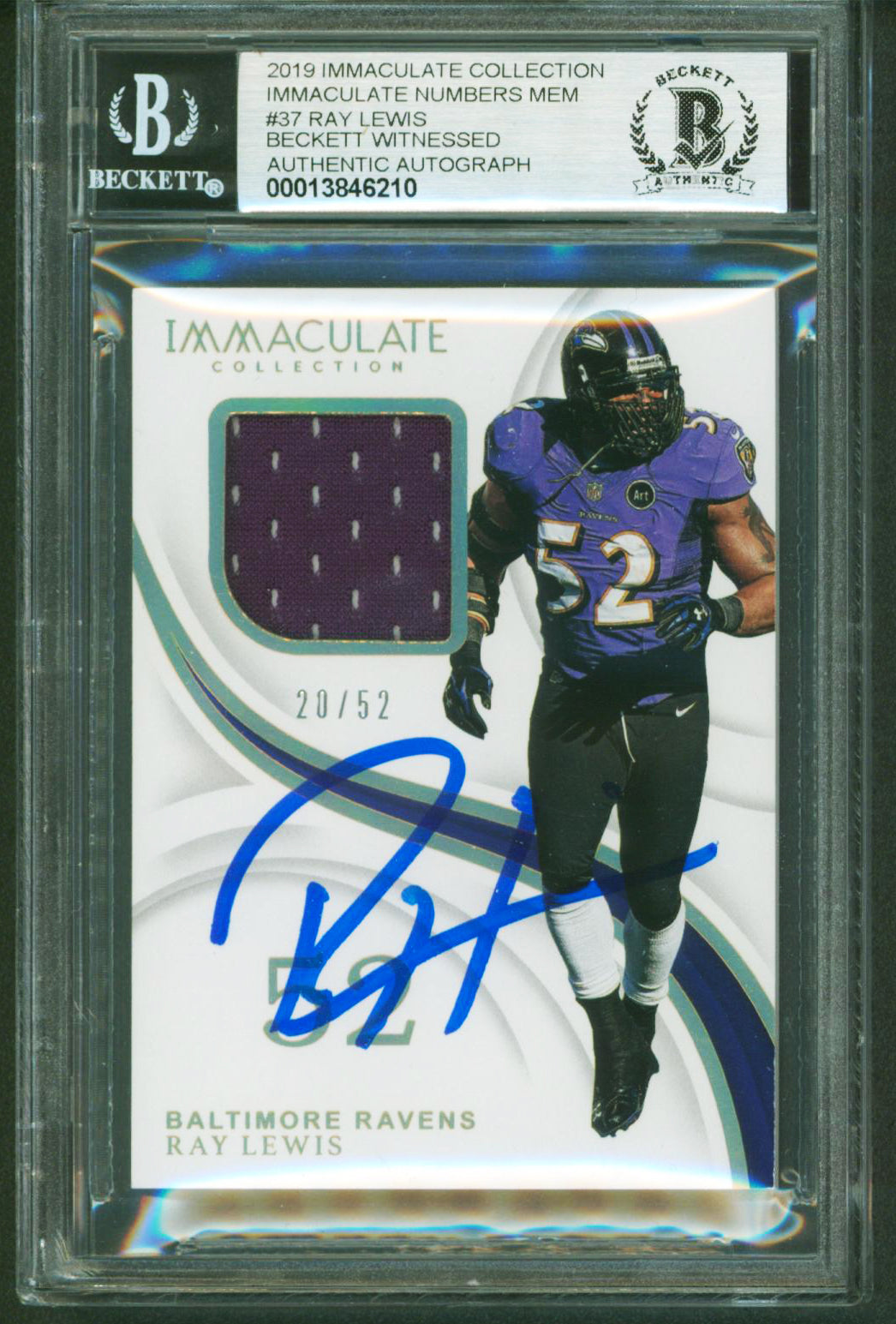 Ray Lewis Signed 2019 Immaculate Collection #37 20/52 Card Auto 10! BAS Slabbed