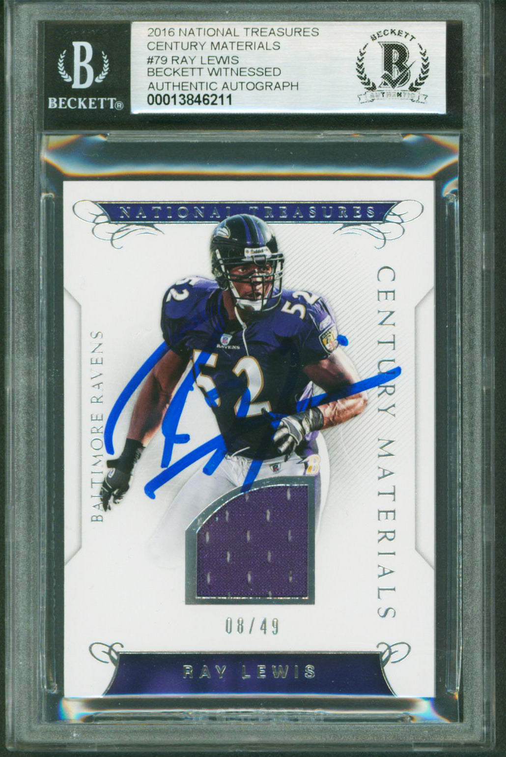 Ray Lewis Signed 2016 National Treasures Cent #79 08/49 Card Auto 10! BAS Slab