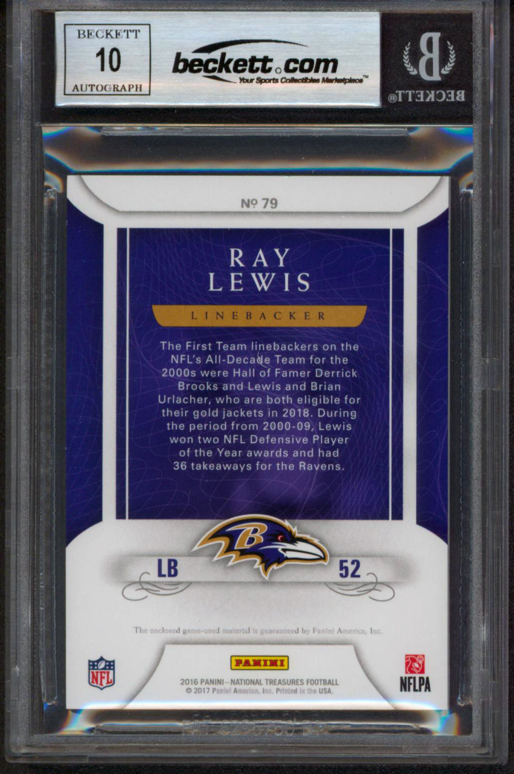 Ray Lewis Signed 2016 National Treasures Cent #79 08/49 Card Auto 10! BAS Slab