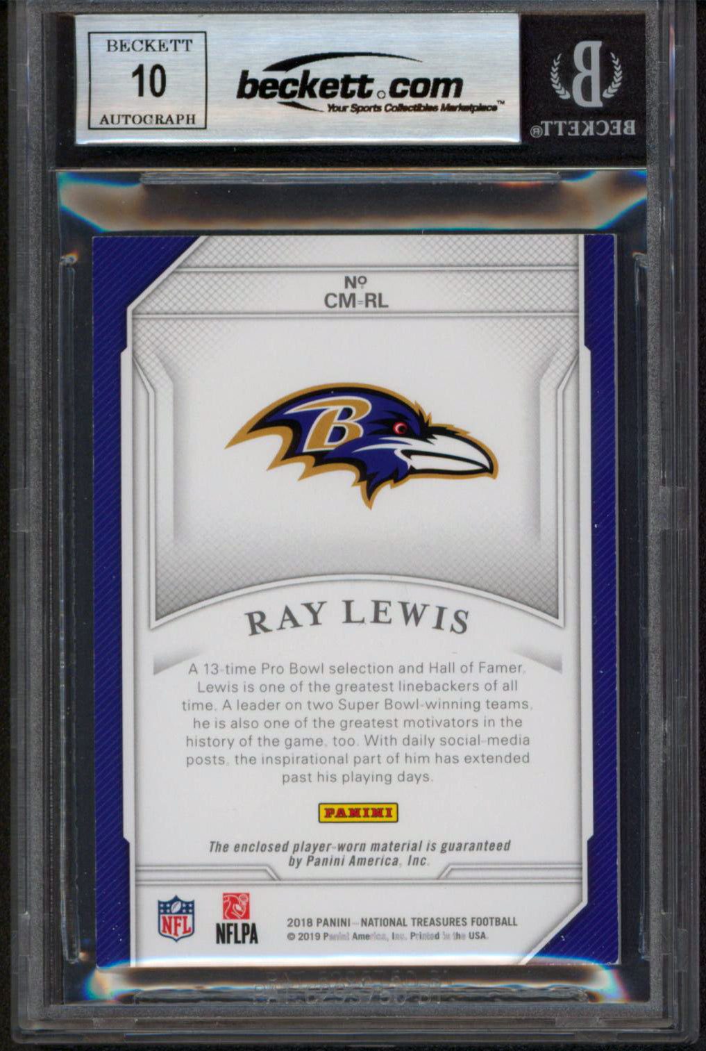 Ray Lewis Signed 2018 National Treasures Century Mat #9 Card Auto 10! BAS Slab