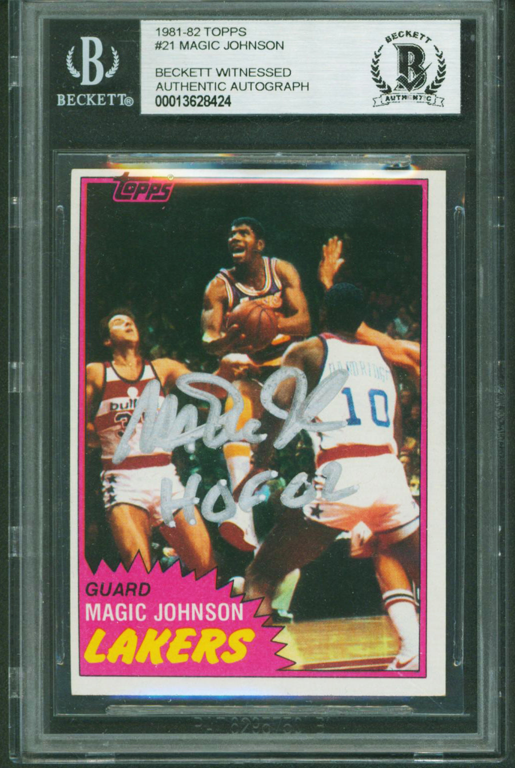 Lakers Magic Johnson "HOF 02" Authentic Signed 1981 Topps #21 Card BAS Slabbed 1