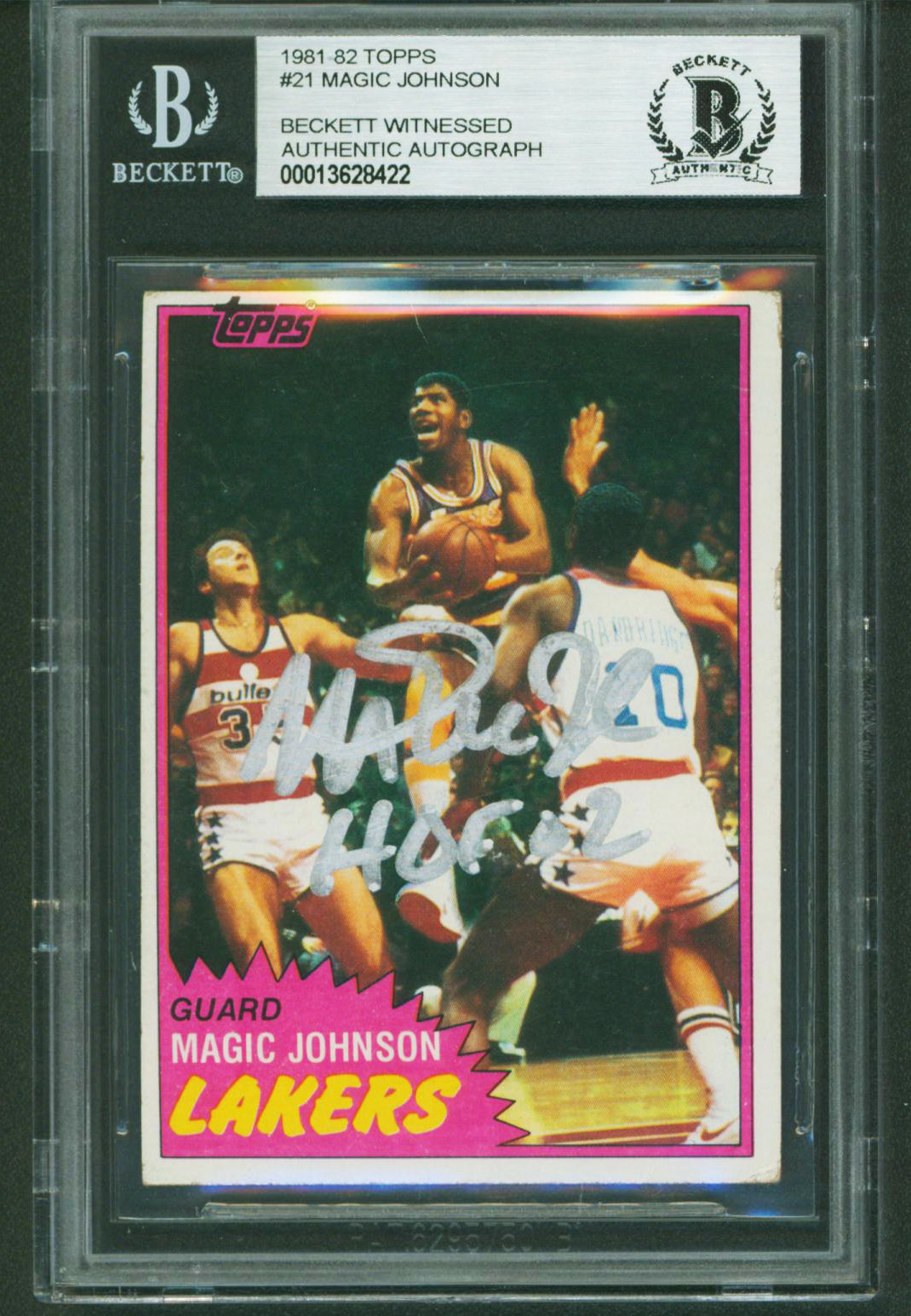Lakers Magic Johnson "HOF 02" Authentic Signed 1981 Topps #21 Card BAS Slabbed 6