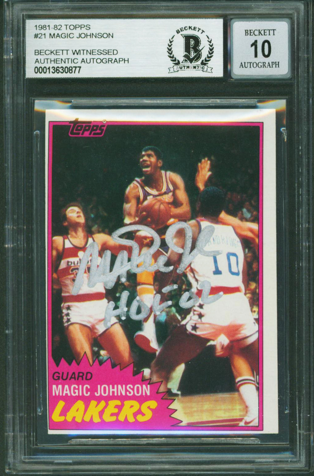 Magic Johnson "HOF 02" Signed 1981 Topps #21 Card Auto 10! BAS Slab #13630877