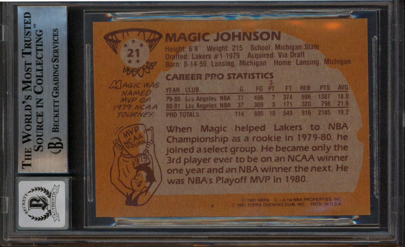 Lakers Magic Johnson Signed 1981 Topps #21 Card Auto 10! BAS Slabbed #13630868