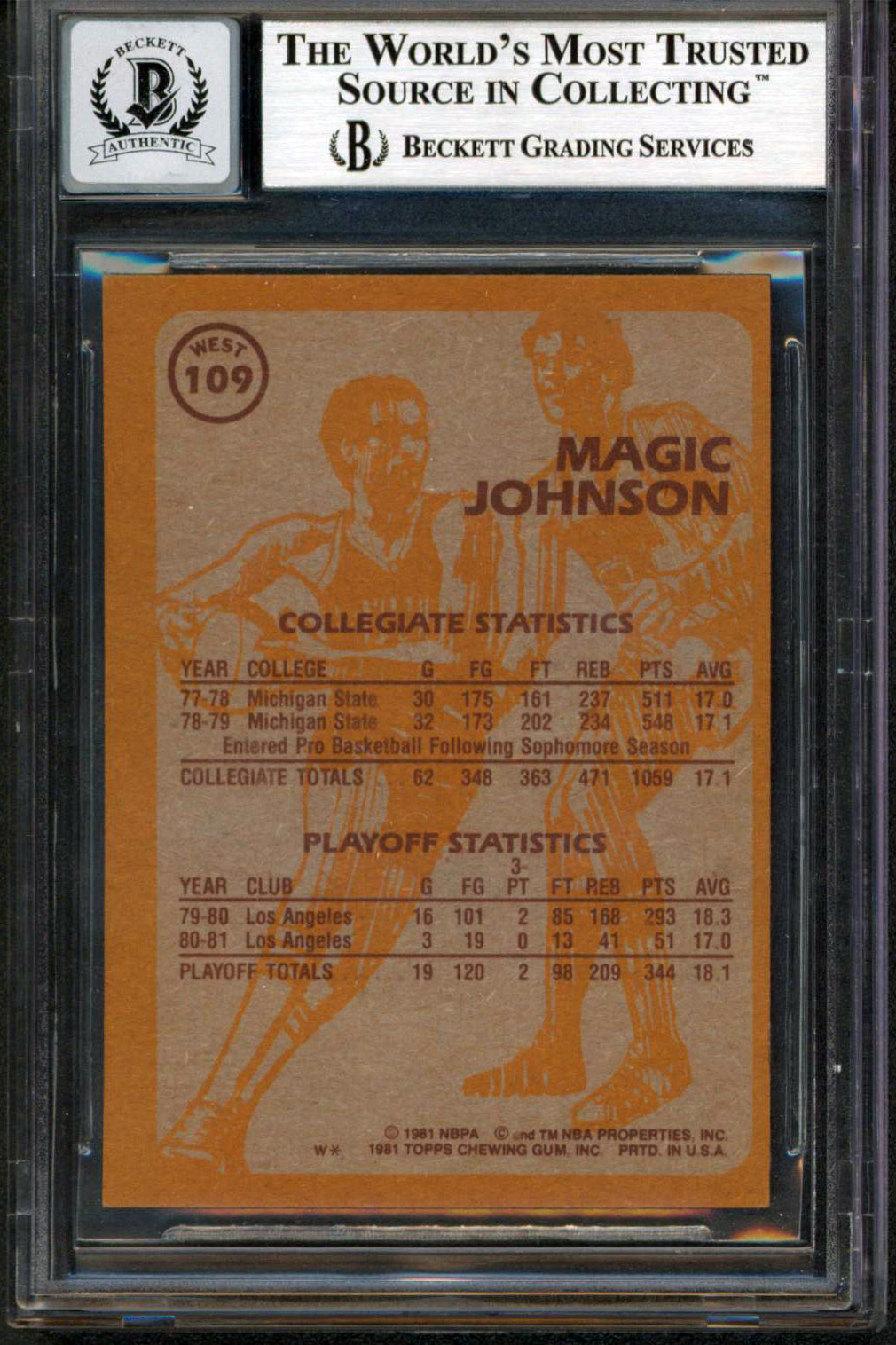 Lakers Magic Johnson Authentic Signed 1981 Topps #W109 Card Auto 10! BAS Slabbed