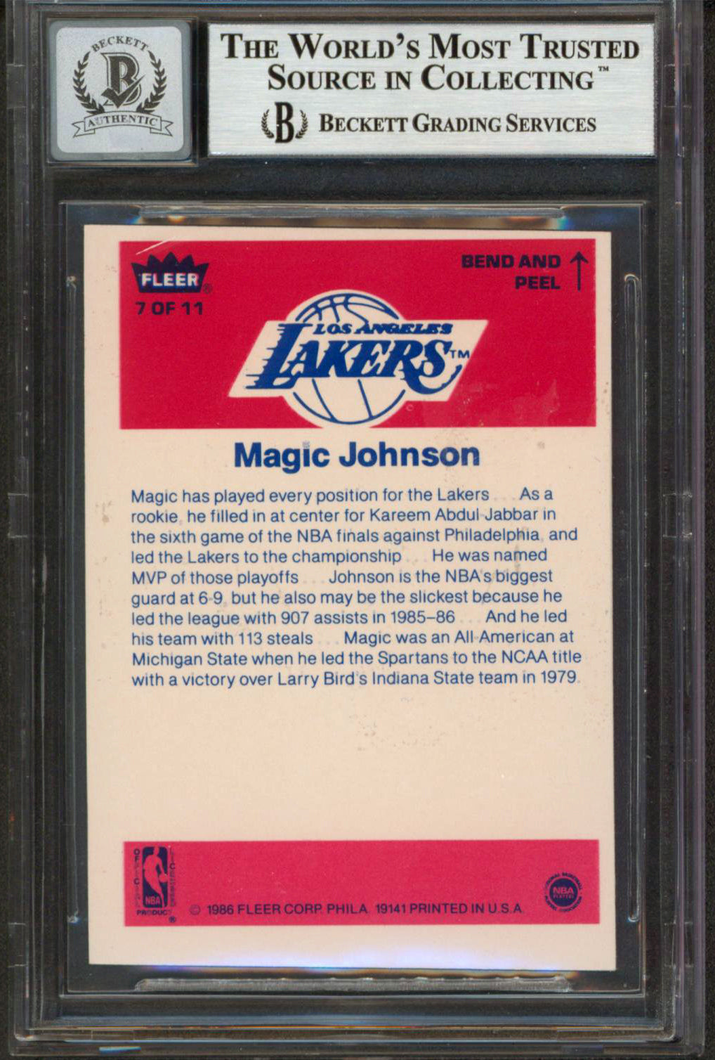 Lakers Magic Johnson Signed 1986 Fleer Stickers #7 Card Auto 10! BAS Slabbed