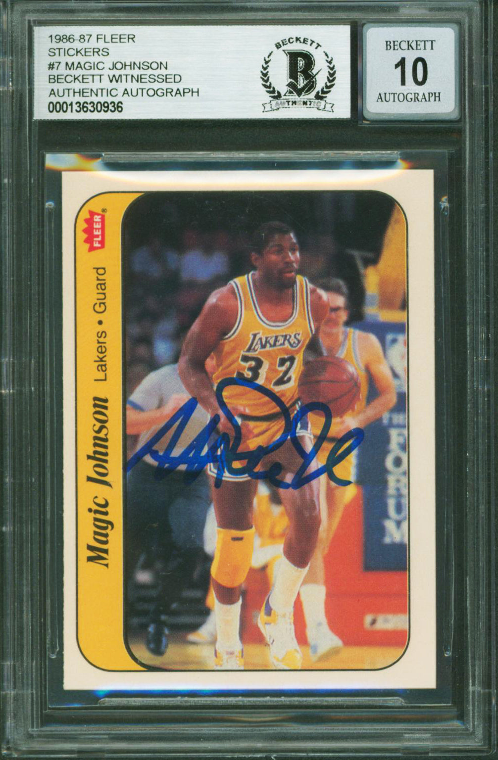 Lakers Magic Johnson Signed 1986 Fleer Stickers #7 Card Auto 10! BAS Slabbed