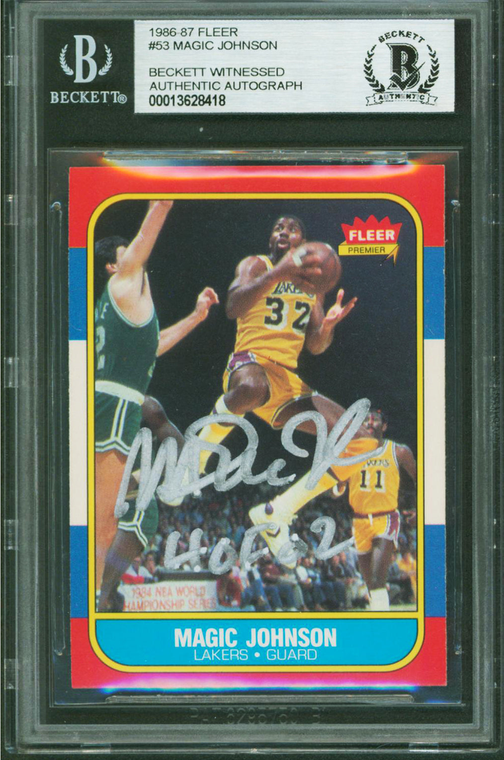 Lakers Magic Johnson "HOF 02" Authentic Signed 1986 Fleer #53 Card BAS Slabbed