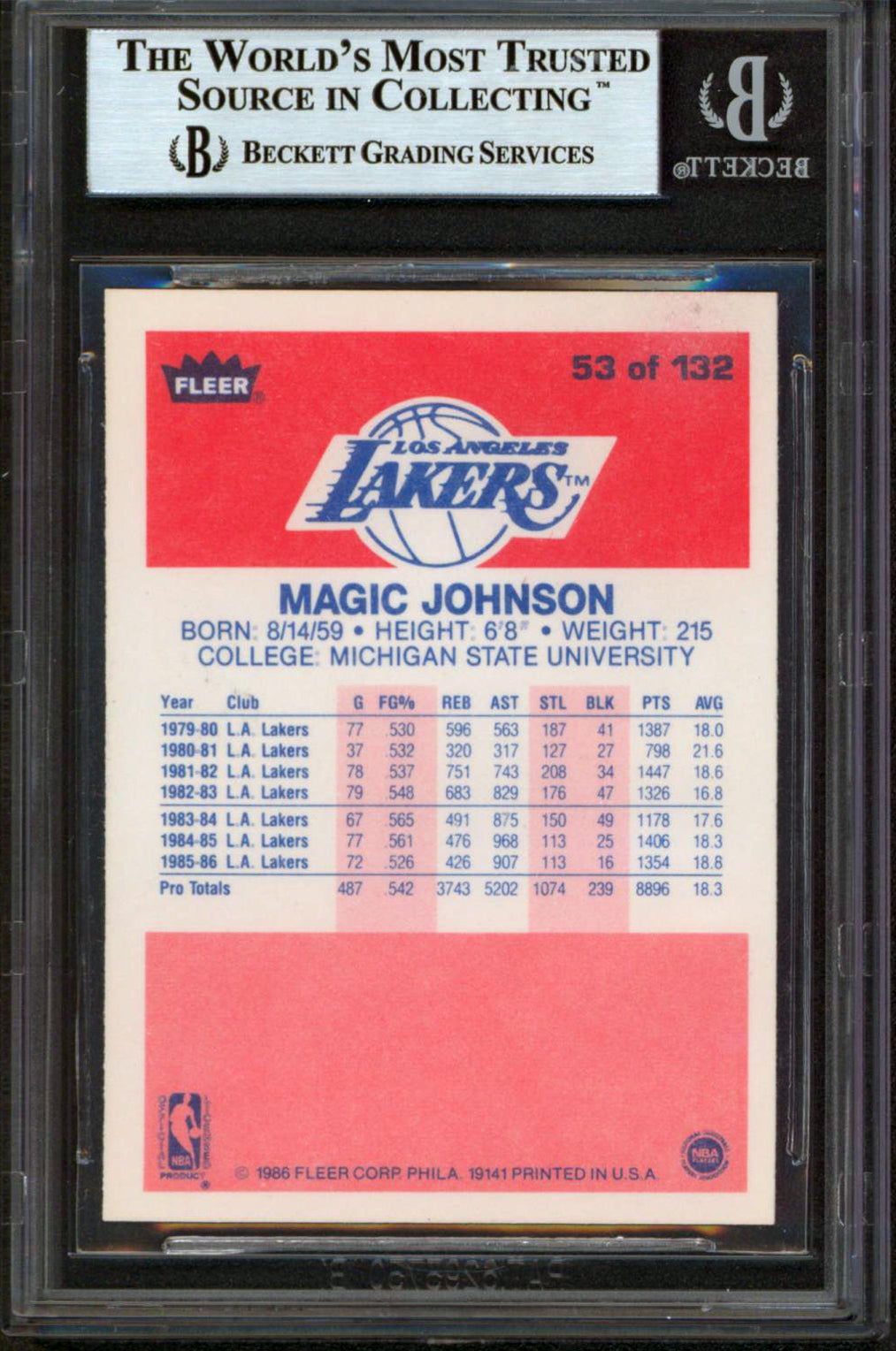 Lakers Magic Johnson "HOF 02" Authentic Signed 1986 Fleer #53 Card BAS Slabbed
