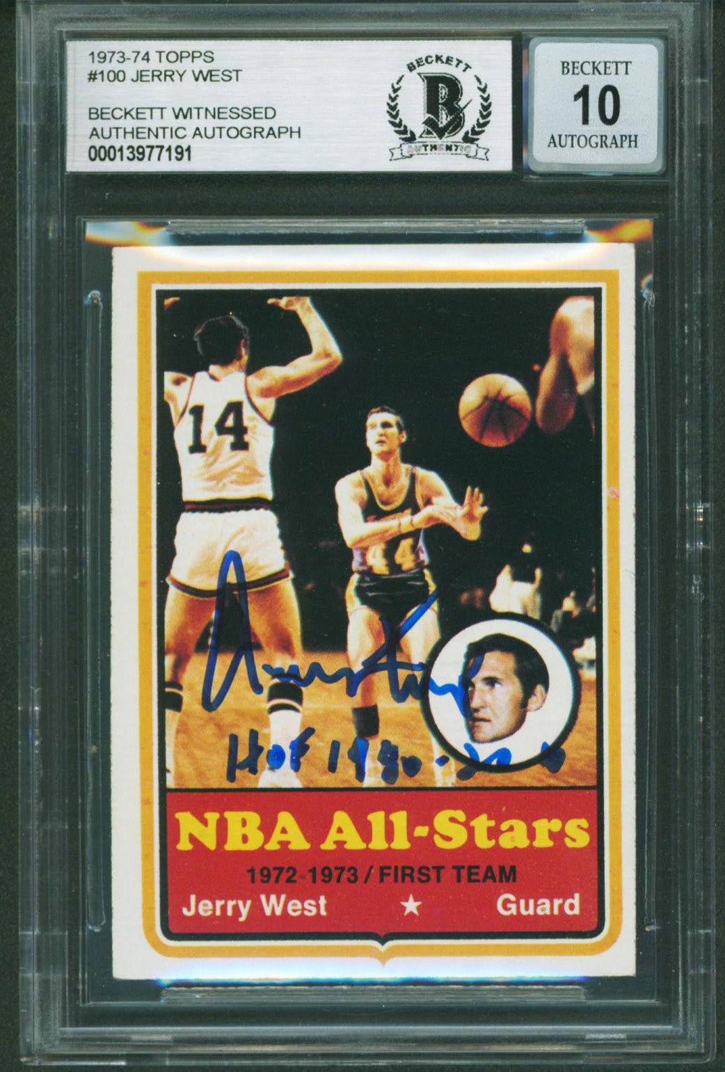 Lakers Jerry West Authentic Signed 1973 Topps #100 Card Auto 10! BAS Slabbed