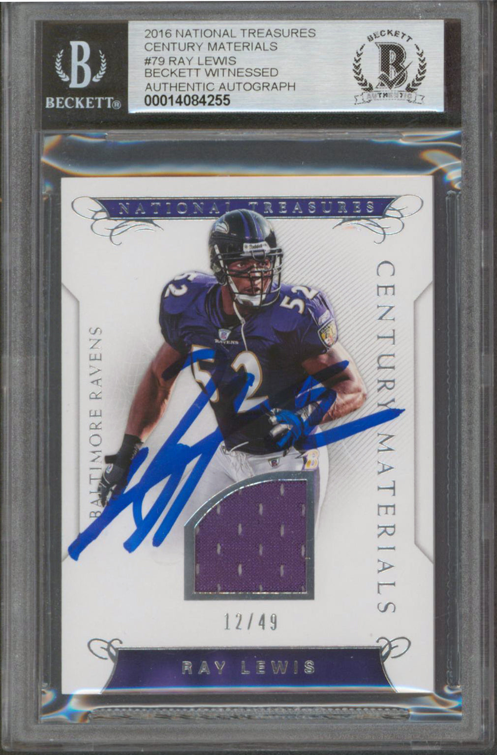 Ray Lewis Signed 2016 National Treasures CM #79 12/49 Card Auto 10! BAS Slabbed