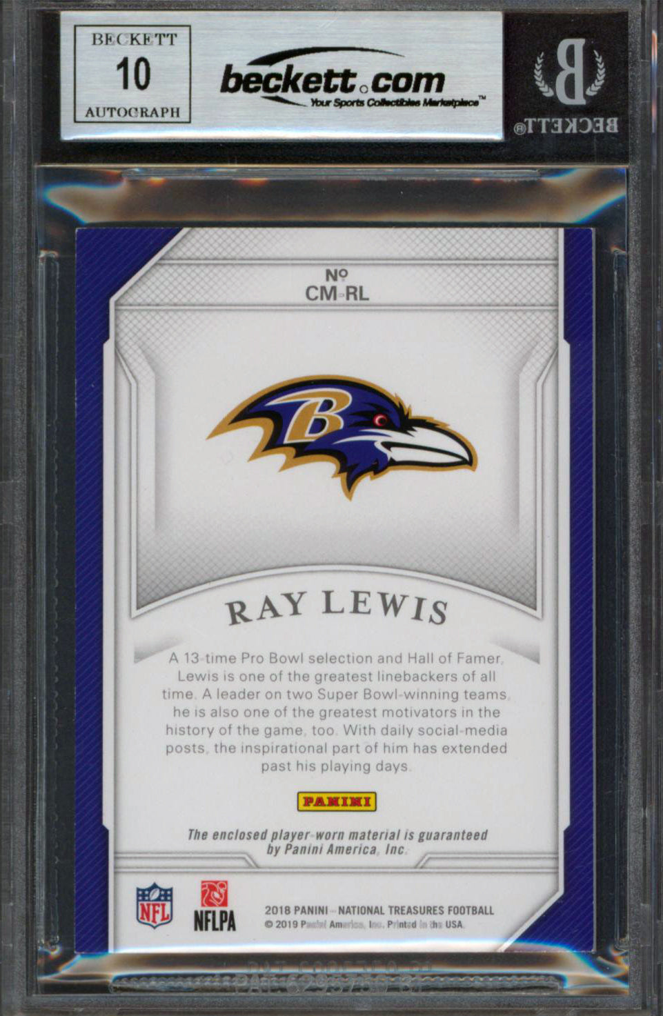 Ray Lewis Signed 2018 National Treasures CM #9 74/99 Card Auto 10! BAS Slabbed