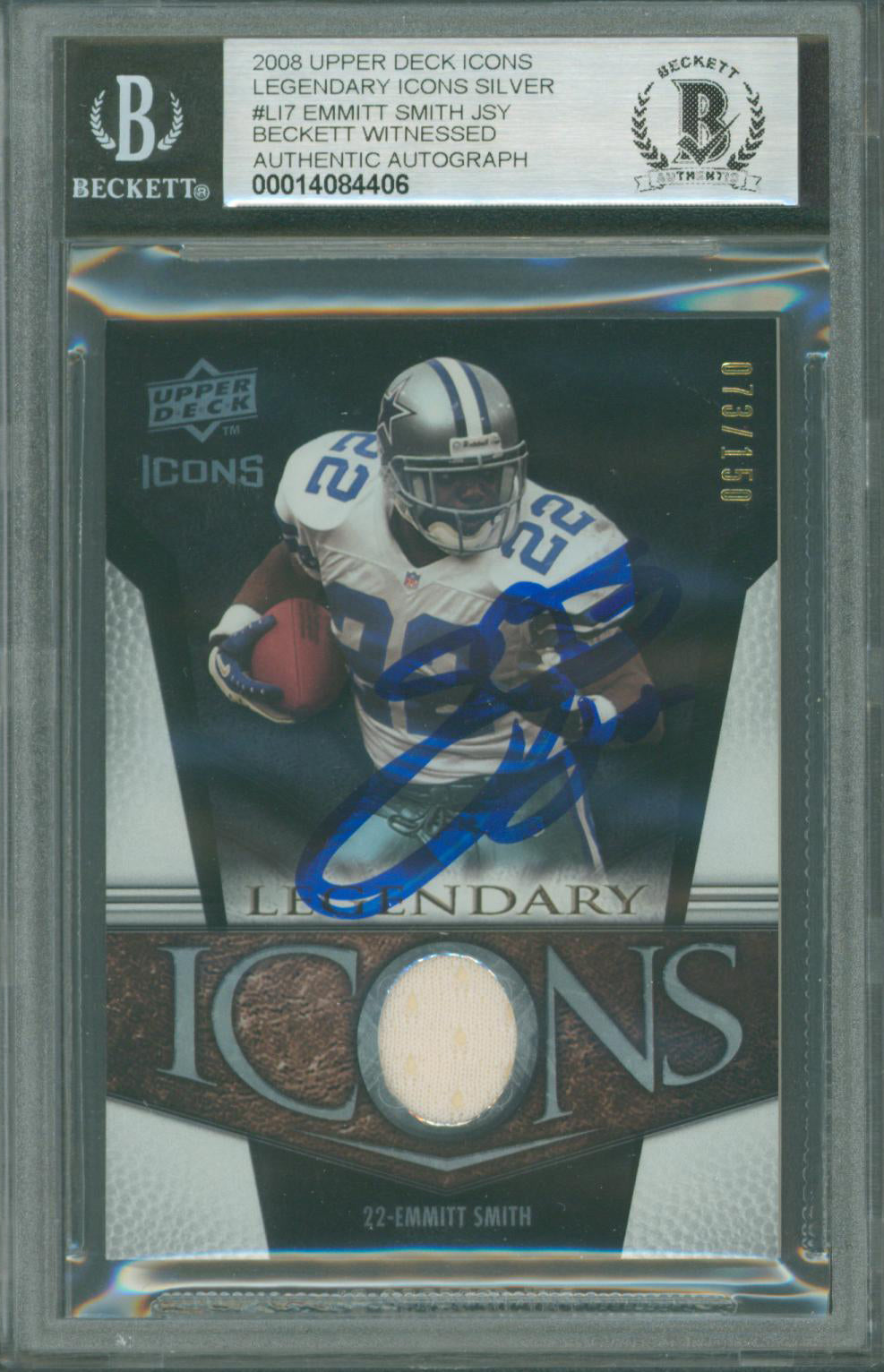 Cowboys Emmitt Smith Signed 2008 Upper Deck Icons #LI7 Card BAS Slabbed