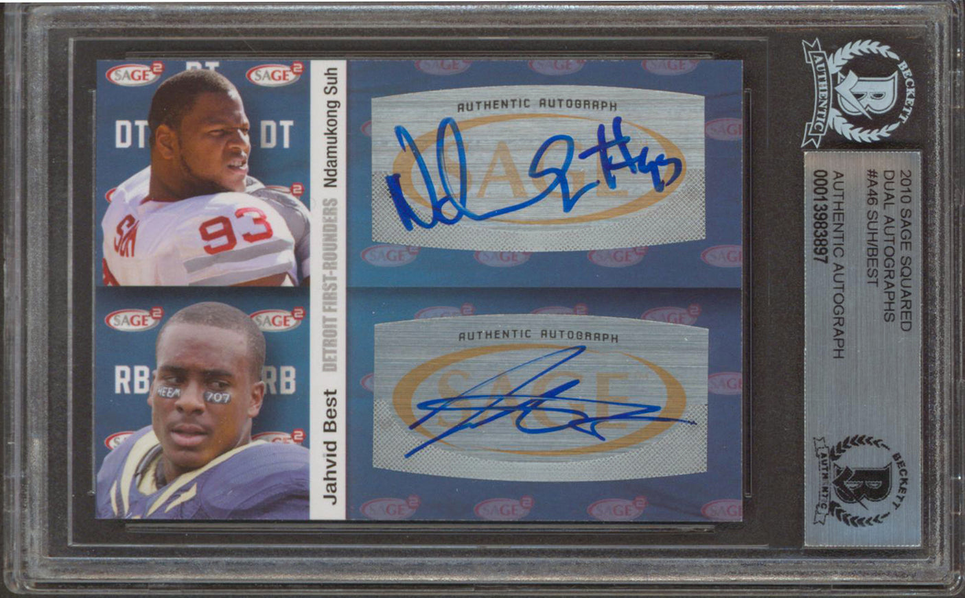 Lions Ndamukong Suh & Jahvid Best Signed 2010 Sage Squared Dual #A46 RC BAS Slab
