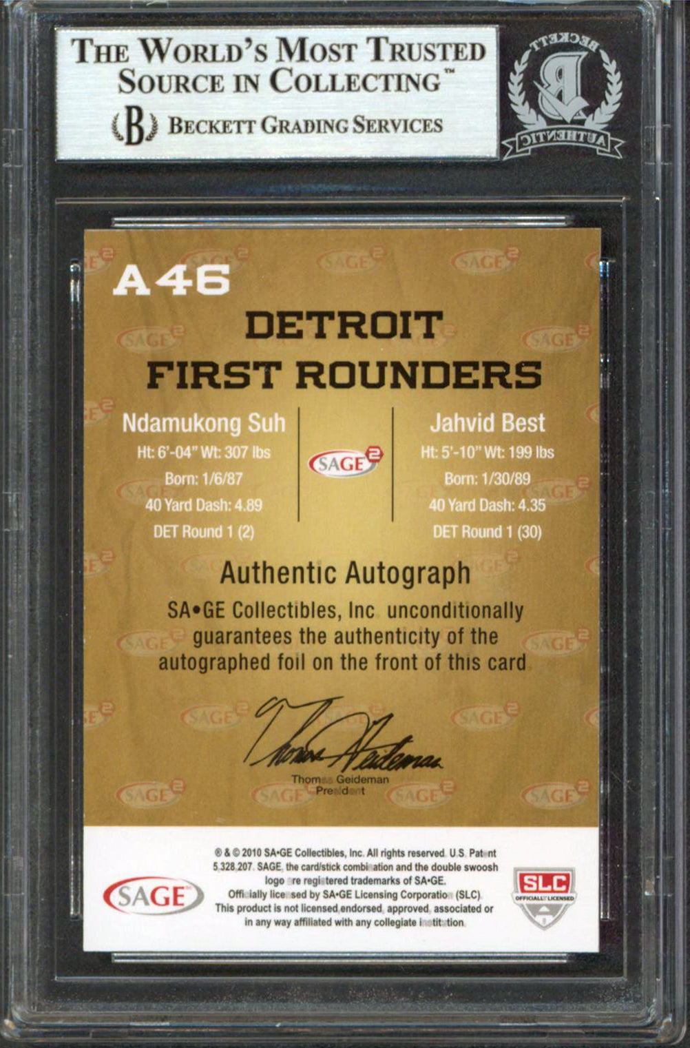 Lions Ndamukong Suh & Jahvid Best Signed 2010 Sage Squared Dual #A46 RC BAS Slab