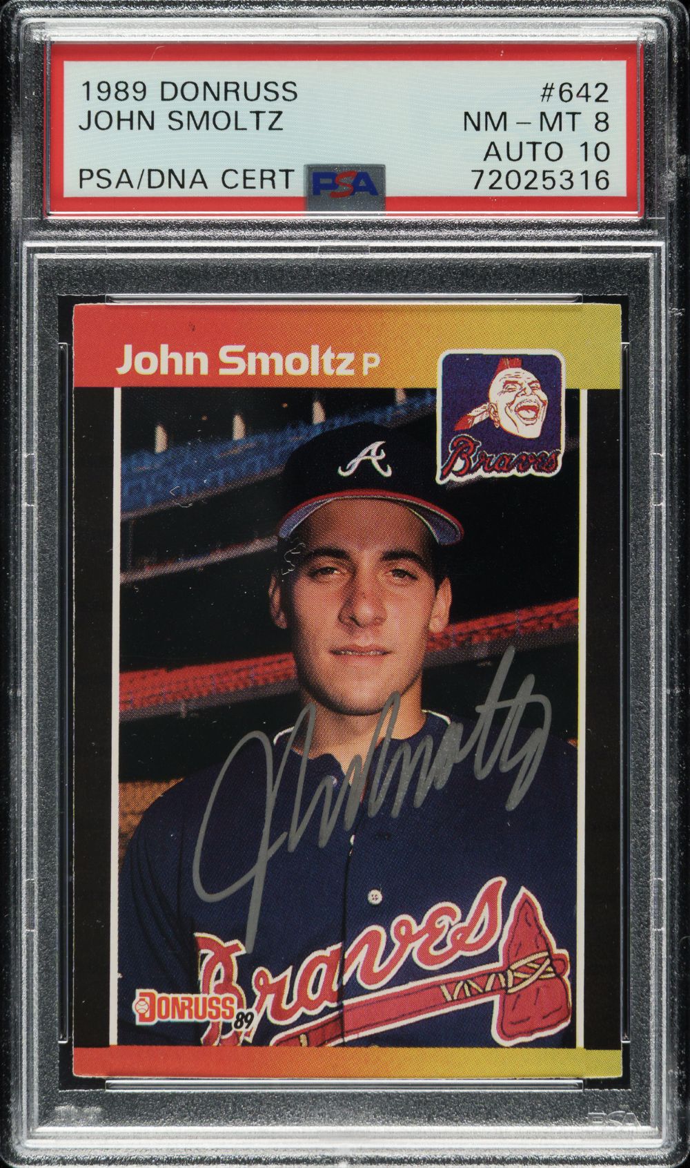 Sports Integrity's John Smoltz Signed 1989 Donruss #642 Braves Rookie Card, graded PSA NM-MT 8 with Auto Gem 10, features Smoltz in a Braves uniform and his autograph on the front.