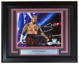 The Sports Integrity Solo Sikoa Signed Framed 8x10 WWE Photo by Fanatics shows the wrestler in a ring, red and black shorts, arm bandaged. The plaque reads: SOLO SIKOA Street Champion Of The Island.