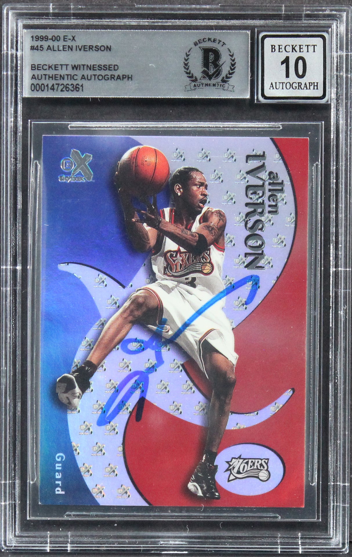 76ers Allen Iverson Signed 1999 E-X #45 Card Auto Graded Gem Mint 10! BAS Slab